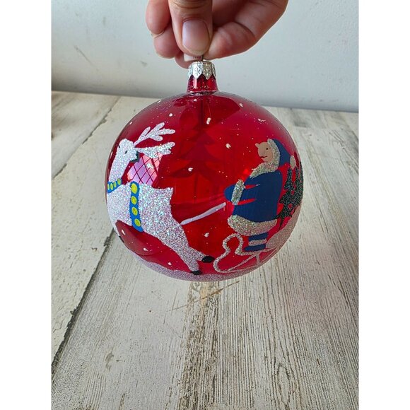 Vintage Poland sleigh ball reindeer ornament Glass Santa glitter red large Xmas - Picture 1 of 10